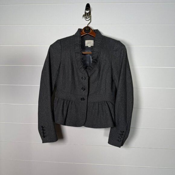 Ann Taylor Loft Crop Suit Jacket Womens Sz 2 Ruffle Gray Wool Blend - Picture 2 of 13